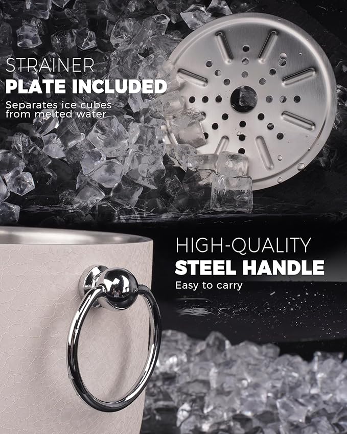 POLIVIAR Ice Bucket, 2.5L Double Wall Ice Bucket with Lid, Stainless Steel Ice Bucket with Tong & Strainer, Ice Bucket for Cocktail Bar, Home & Parties, JX2023-IBLM