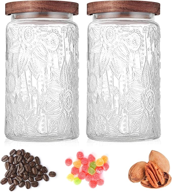 Custde Glass Storage Jars With Airtight Lid, 35oz Container For Kitchen Counter with Wooden Lid, brown sugar, candy, coffee, cookie, salt, tea, cute Jar (35oz Large Sunflower)
