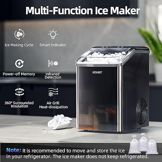 KOVIET Nugget Ice Makers Countertop, Soft Pebble Ice Machine, Chewable Crushed Pellet Ice 42lbs/Day, Self-Cleaning Drainpipe Ice Maker for Party, Home, Kitchen, Bar, Office, Black