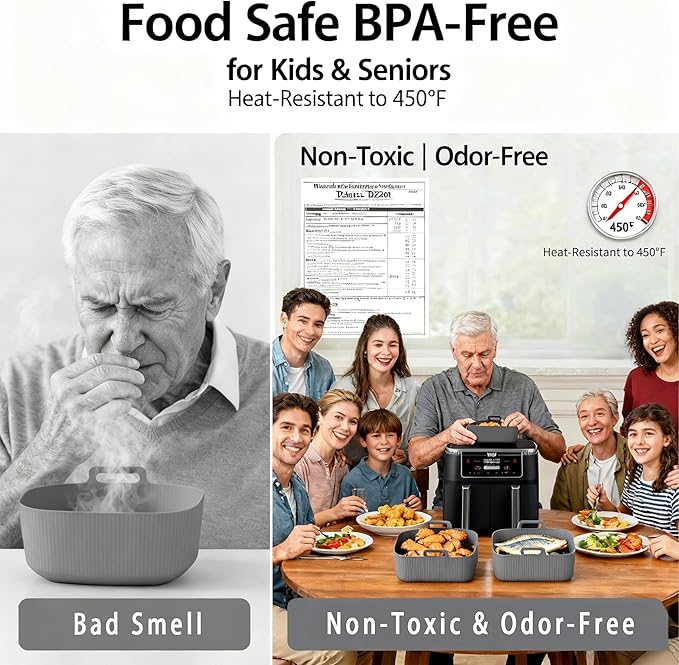 Silicone Air Fryer Liners for Ninja - Reusable DZ201 8QT Dual Basket - Rectangular 2-Pack Vacuum-Packed Easy-Clean Dishwasher-Safe Food-Safe for Home Chefs - Housewarming Gifts