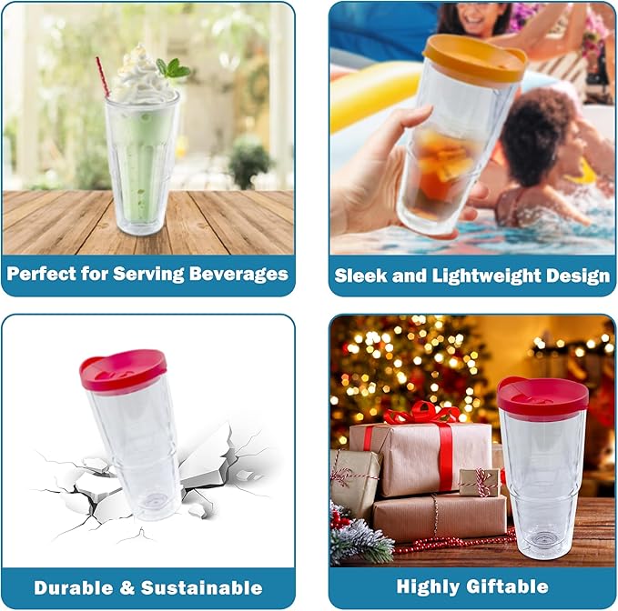Lily's Home 20 oz 4 pack Insulated Tumbler Cups with Lids, Double Wall Clear Acrylic Plastic tumbler. Perfect for Iced Coffee, Hot Drinks, Water - Freezer & Top Rack Dishwasher Safe. BPA Free.