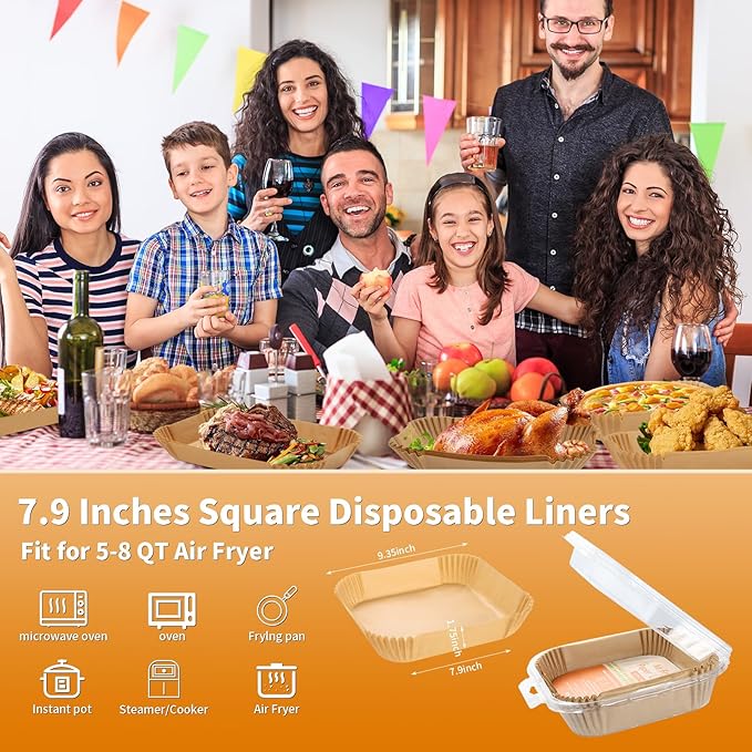 Air Fryer Liners Disposable Square for Ninja AF141 AF142 5Qt/Ninja AF181 AF182 6.5Qt, 100PCs 7.9in Non-stick Oil-proof Parchment Cooking Paper for Gourmia/Cosori/Chefman 5-8Qt Airfryer/Media 11 Quart