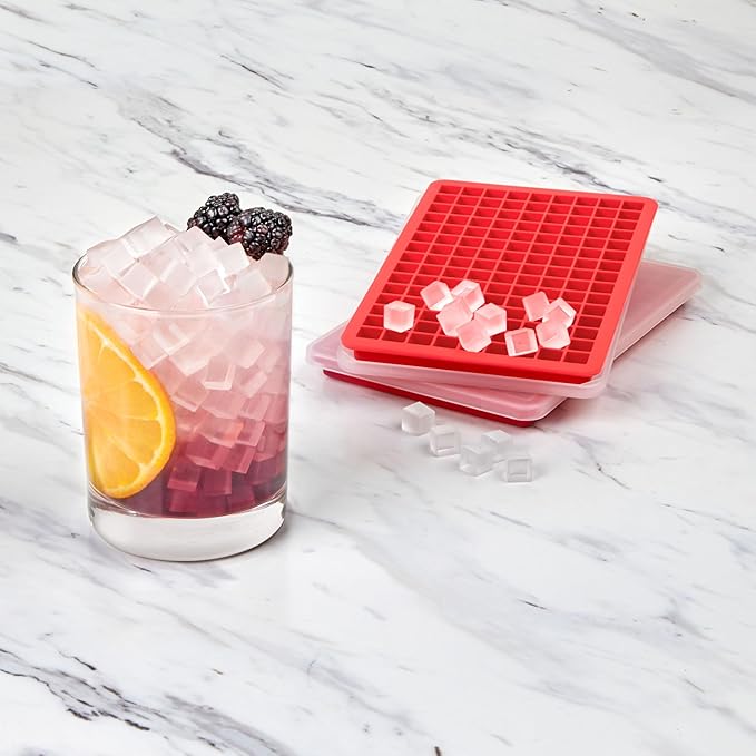 Tovolo Mini Ice Cube Tray with Lid Pack of 2 Small Ice Maker for Freezer, Silicone Mini Ice Cube Trays Small Square Nugget Ice Makes 270 Tiny Cubes BPA Free Stackable Dishwasher Safe, Candy Apple Red