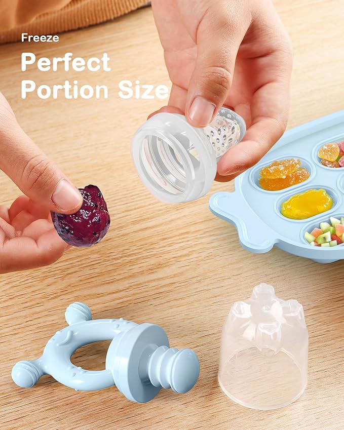 Silicone Baby Fruit Feeder with Freezer Nibble Tray Combo, Baby Teethers, Breastmilk Popsicle Molds for Teething Relief, BPA Free Fresh Food Feeder for Safe Infant Self Feeding (Sky Blue)
