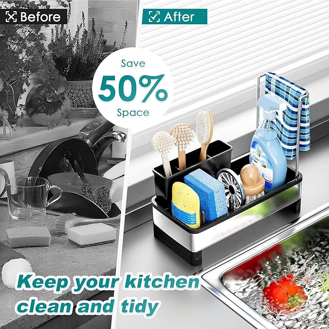 304 Stainless Steel Sink Caddy with Auto-Drain, Rustproof Sink Organizer, Sponge Holder with Removable Brush Holder & Towel Rack, Countertop Storage for Dish Soap Dispenser, Kitchen Sink Accessories