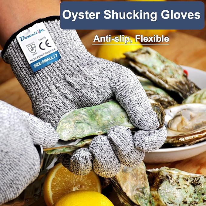 Dowellife Cut Resistant Gloves Food Grade Level 5 Protection, Safety Kitchen Cuts Gloves for Oyster Shucking, Fish Fillet Processing, Mandolin Slicing, Meat Cutting and Wood Carving. (Small-3 Pairs)