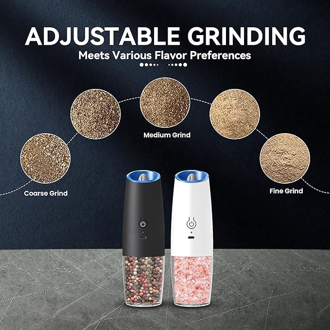 UNNEES Rechargeable Electric Salt and Pepper Grinder set of 2, gravity electric salt and pepper grinder set, Adjustable Roughness, LED Light, 2 Pack, (Black&White)