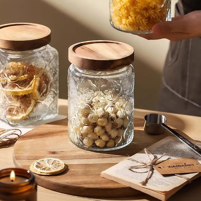 Custde Glass Storage Jars With Airtight Lid, 23.7oz Container For Kitchen Counter with Wooden Lid, brown sugar, candy, coffee, cookie, salt, tea, cute Jar (Begonia Flowers*1)