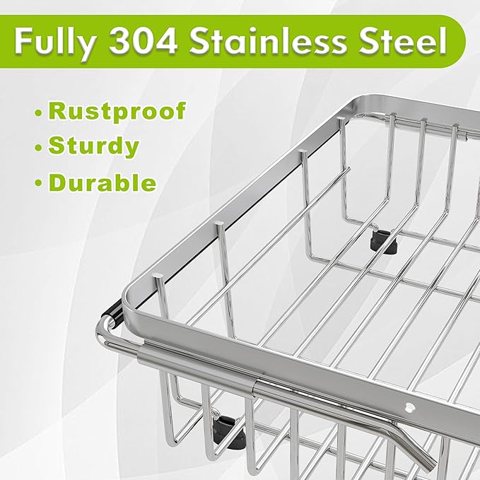 Expandable Stainless Steel Dish Drying Rack Over The Sink For Small Kitchen, Counter Space Saving Compact Metal Plate Drainer Strainer, Adjustable Hanging Inside Sink Rust Proof Wire Dryer Holder