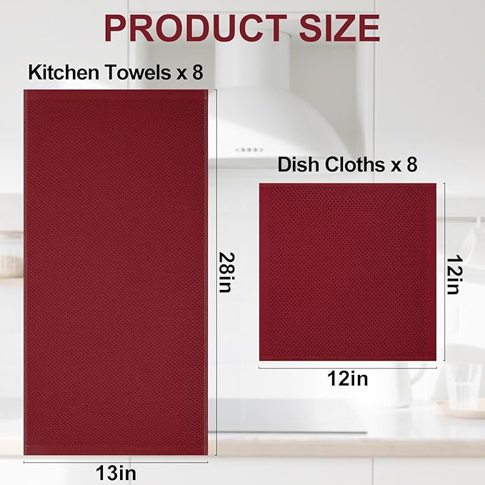 Homaxy 100% Cotton Kitchen Towels and Dishcloths Set, 12 x 12 Inches and 13 x 28 Inches, Set of 16 Bulk Kitchen Towels Set, Ultra Soft Absorbent Dish Cloths for Washing Dishes, Burgundy