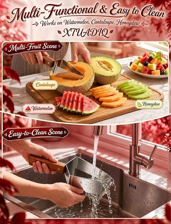 Stainless Steel Watermelon Slicer, 2026 New Triangle Watermelon Cutter, Stainless Steel with Wooden Handle for A Wide Variety Watermelon, Cantaloupe, Honeydew, Apples, and More (2pcs)