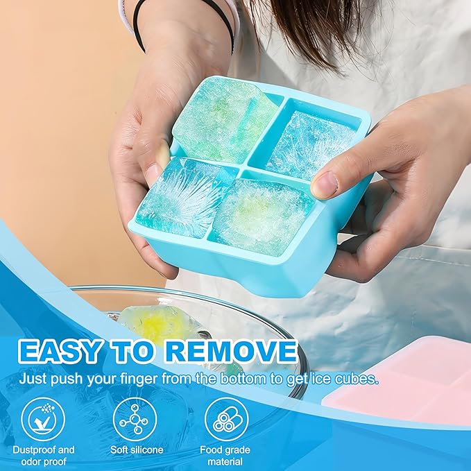Large Silicone Ice Cube Tray 2Pack, Easy Release 2" Big Ice Cubes,Leak Proof Removable Lid Square Ice Cube Tray for Cocktail，Whiskey，Reusable Stackable Flexible Ice(Blue+Pink) (Blue)