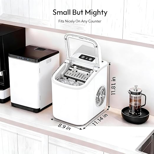 Small Portable Countertop Ice Maker, 26lbs/24H Ice Machine with Self-Cleaning, 6-8 Mins Fast Ice Making,Quiet Operation, Compact Ice Maker with Handle for Home Kitchen Camping RV (White, 26lbs)