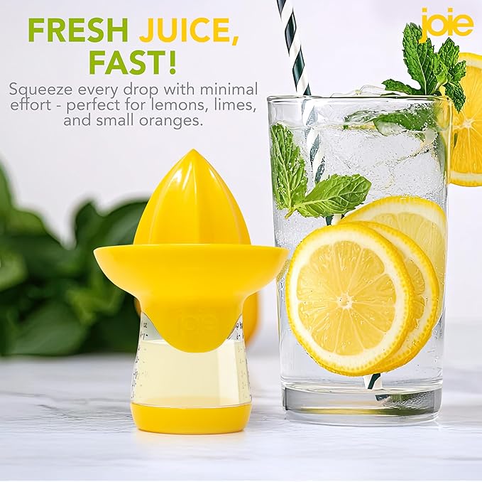 Joie Lemon and Lime Small Hand Juicer and Reamer, Built-In Measuring Cup, 1oz/30ml, Easy to Strain, Stores Leftover Juice, BPA-Free, Dishwasher Safe