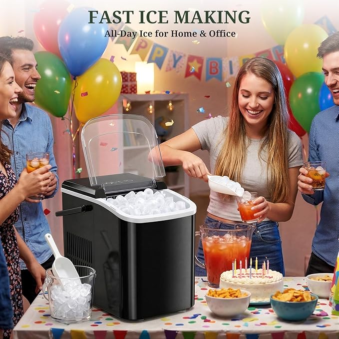 Ice Maker, Portable Ice Makers Countertop with Handle, Basket & Scoop, 26Lbs/24Hrs, 9 Bullet Ice Cubes in 6 Mins, 2 Ice Sizes, Self-Cleaning, Quiet Compact Ice Machine for Home Kitchen Party, Black