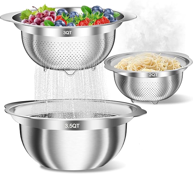 Stainless Steel Colanders with Mixing Bowl - 3.0QT & 2.0QT Strainer and Colander with Handle, 3.5QT Nesting Kitchen Bowl with Colander For Pasta, Vegetables, Fruit, Rice, 3PCS