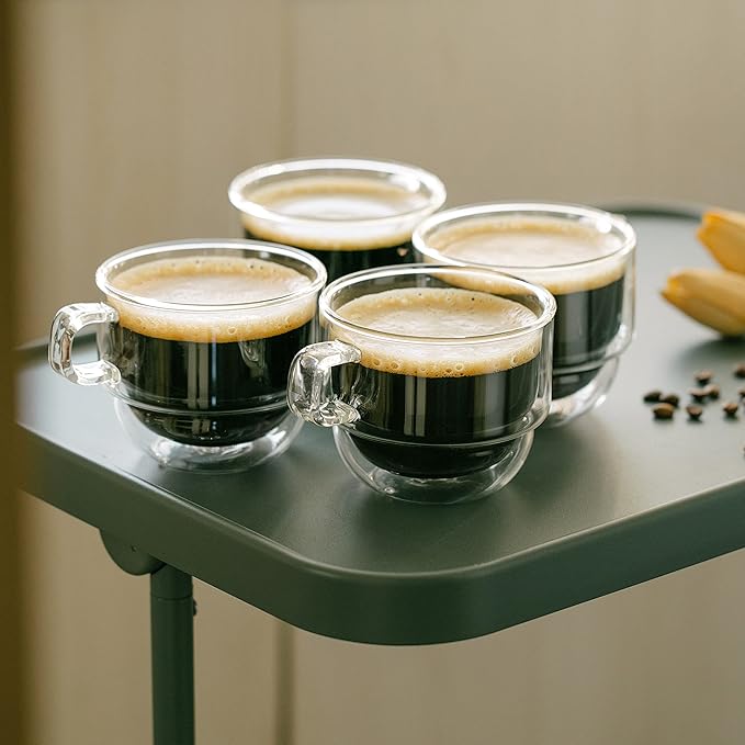 BTaT- Double Walled Stackable Glass Coffee Mugs, 16 oz, Set of 4, Glass Coffee Cups with Handle, Insulated Clear Coffee Mug for Hot and Cold Beverages, Cappuccino, Latte, Tea, Americano