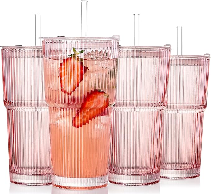 4PCS Pink Ribbed Glass Cups with Lids and Straws, 20oz Vintage Drinking Glasses, Aesthetic Iced Coffee Cups, Glass Tumbler for Boba, Beer, Tea, Cocktails, Ribbed Glassware Set,Pink