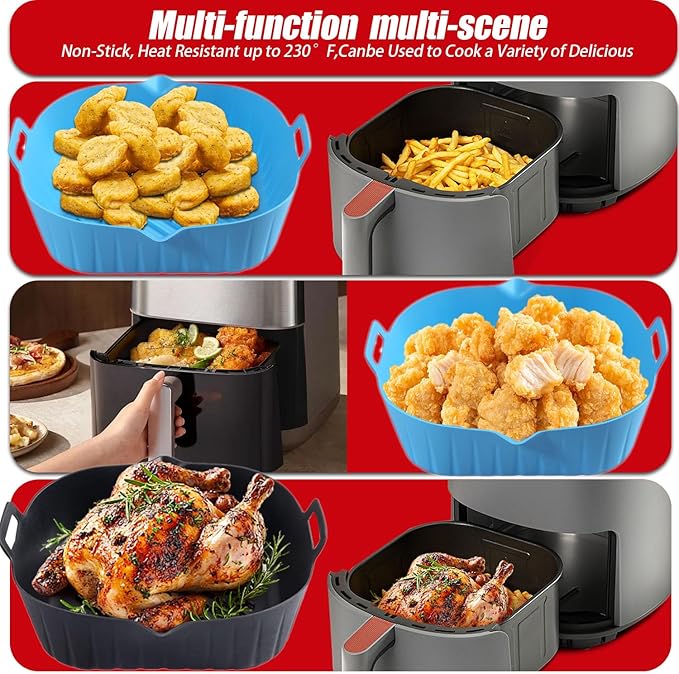 Square Silicone Air Fryer Liners 2 Pack, Heavyweight and thickened 7 Inch Air Fryer Liners,Reusable Silicone Basket, Air Fryer Accessories(Black&Blue)
