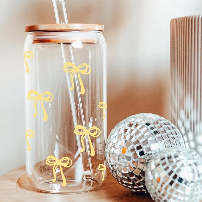 BIPEDS Coquette Cute Pastel Yellow Bow Glass Cups with Lids and Straws, Aesthetic Iced Coffee Cup Girly Preppy Tumbler Mug, Christmas Valentines Birthday Gifts for Women, Teen Girl Gifts Trendy Stuff