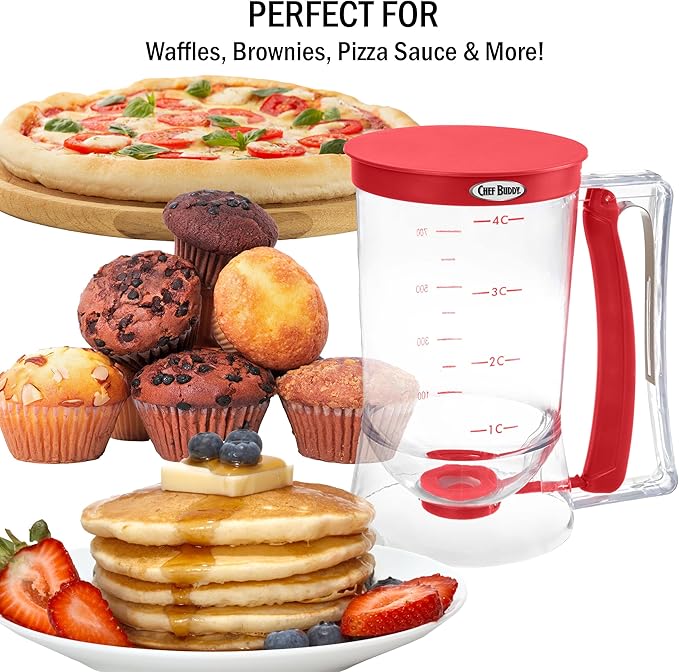 Pancake Batter Dispenser - 4-Cup Batter Dispenser with Squeeze Handle for Pancakes, Waffles, Muffins, and Crepes - Baking Tools (Red)