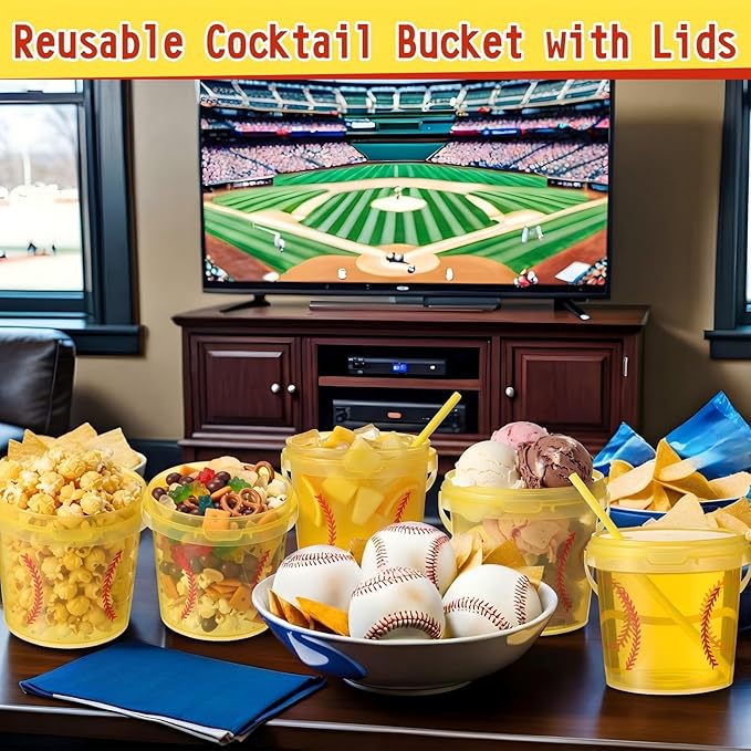 12 Set 25 oz Softball Plastic Drink Buckets with Straws Handles Lids Reusable Cocktail Rum Buckets 750ML Smoothie Milk Tea Cups Food Containers Pails Sport Party Supplies