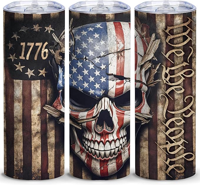 ATHAND American Flag Skull Tumbler,20 Oz Insulated Stainless Steel Skinny Coffee Tumbler with Lid,Patriotic Birthday Gifts for Men,1 Pcs