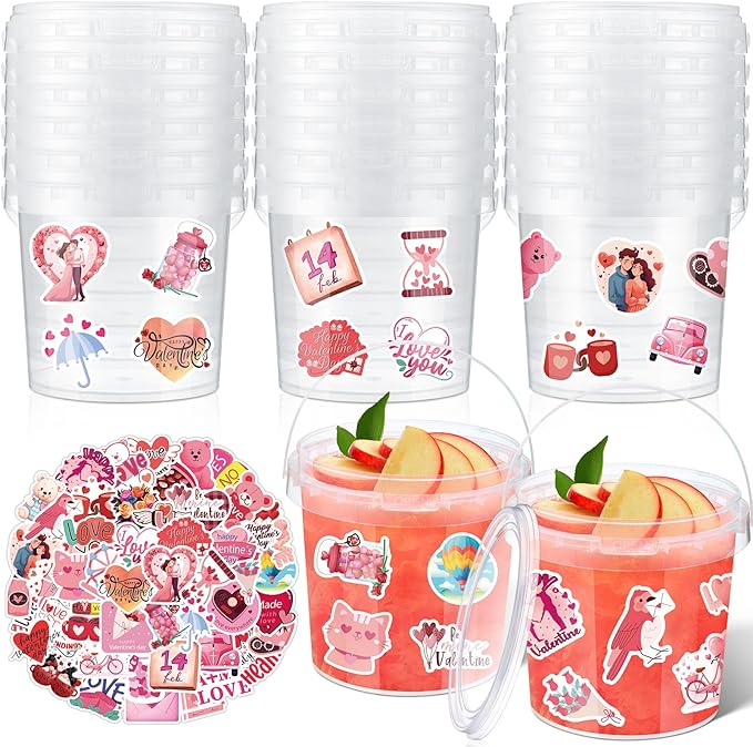 PerKoop 20 Pcs 32 oz Ice Cream Buckets with Lids and Handles Clear Cocktail Rum Buckets with Stickers Plastic Transparent Tub Reusable Food Storage Containers for Parties(Valentines)