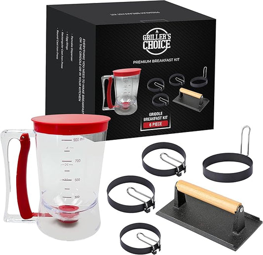 Griller's Choice Griddle Breakfast Kit - Pancake Batter Dispenser, Bacon Press, Egg Rings, Perfect for Family Morning Chefs, Cooks, and Pancake Lovers - Ultimate Pancake Breakfast Set
