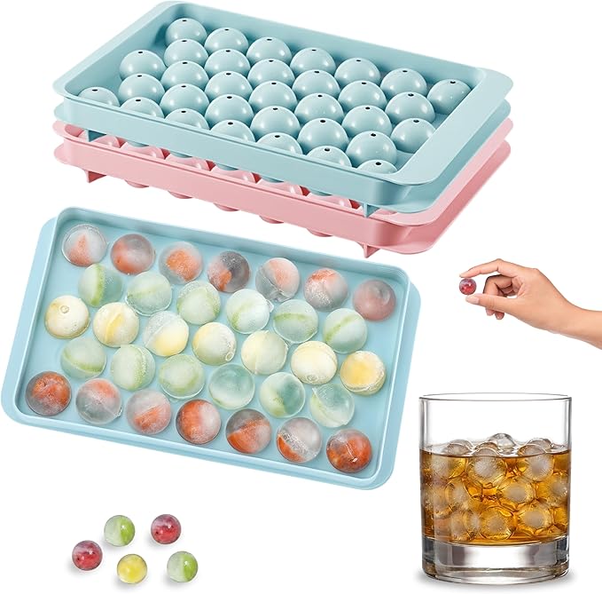 2 Pack Round Ice Cube Trays - 0.8" 66PCS Tiny Sphere Ice Ball Maker Molds, BPA-Free Plastic Stackable Circle Ice Cube Tray for Freezer with Lid, Mini Sphere Ice Mold for Cocktail/Whiskey/Coffee/Drinks