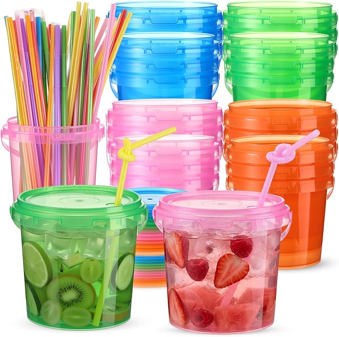 Funnymoom 24 Pack 34oz / 25oz Plastic Rum Buckets Bulks for Drinks with Straws Reusable Ice Cream Cocktail Cups Neon Party Bucket with Lids Handles Food Containers Cup for Summer Beach Bar Beer