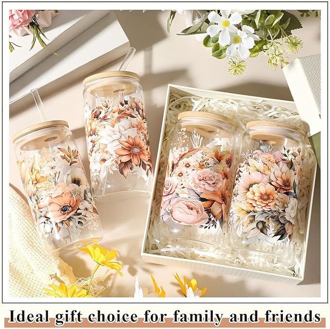 Mumufy 4 Pack Gift for Women Cute Glass Cup Tumbler Flower Iced Coffee Mugs 16 oz Glass with Bamboo Lid & Straw, Mothers Day Birthday Gift for Mom Sister Bridesmaid Baby Shower(Brown Flower)