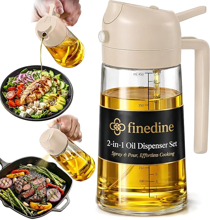 FineDine 16oz Olive Oil Sprayer for Cooking, 2 in 1 Olive Oil Dispenser Bottle for Kitchen, Air Fryer, Salad, BBQ & Baking – Dual Spray Mist & Stream, with Measurement Marks, White