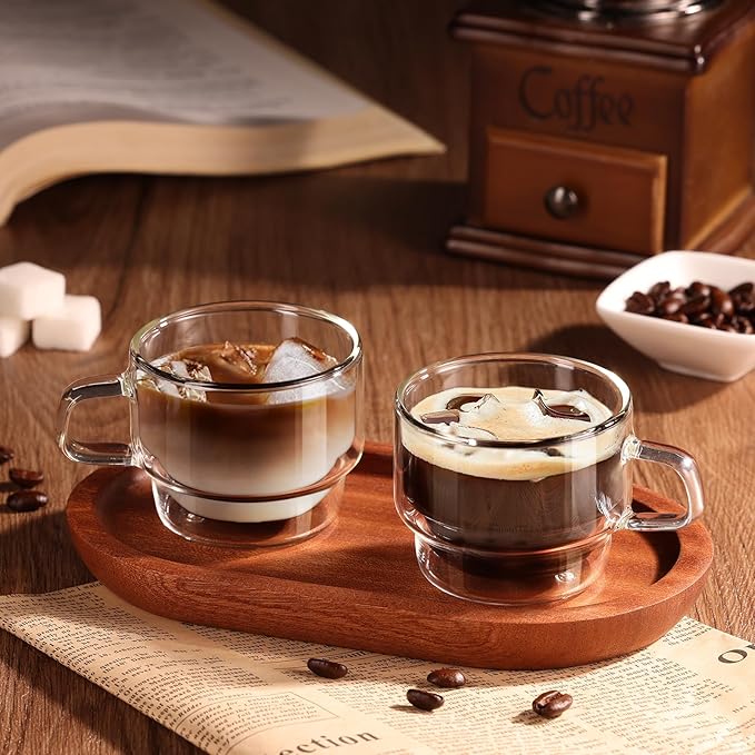 glastal 4 oz Stackable Glass Cups Espresso Cups Double Walled Espresso Glasses Set of 4, 120ml Coffee Tea Glasses Expresso Shots Cup Set for Tea, Milk, Gifts for Women Man - German Quality