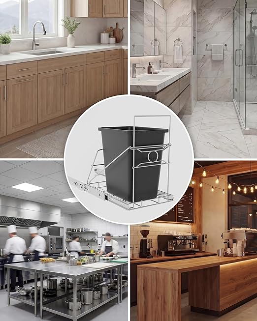 Pull Out Trash Can Under Cabinet Adjustable Trash Can Holder for 7 to 11 Gallon Bin Bottom Mount Slide Out Trash Rack for Narrow Cabinets(Silver, No Bin Included)