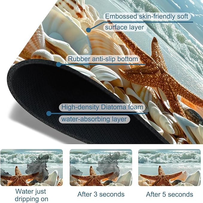 Beach Sink Splash Guard Shells Starfish Waves Faucet Absorbing Mat Fast Drying Mat Sink Gadgets Splash Guard Behind Faucet Drip Catcher for Kitchen Bathroom, 23.5"x5.5"