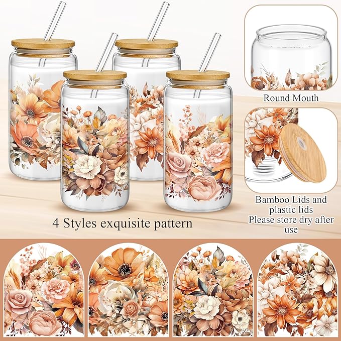 Mumufy 4 Pack Gift for Women Cute Glass Cup Tumbler Flower Iced Coffee Mugs 16 oz Glass with Bamboo Lid & Straw, Mothers Day Birthday Gift for Mom Sister Bridesmaid Baby Shower(Brown Flower)