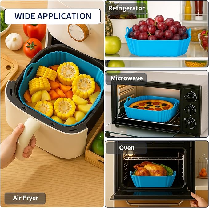 Boribim 9 Inch Large Air Fryer Silicone Liners - 2 PCS Square Reusable AirFryer Basket Liners for 5-8QT Air fryer, Air fryer Accessories for Baking Roasting Microwave (Red + Blue)