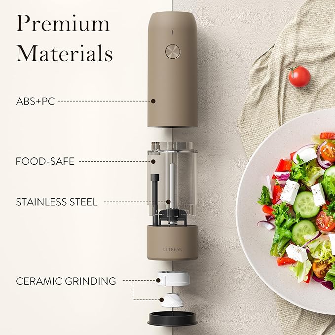 Ultrean Pepper Grinder, Rechargeable Salt and Pepper Grinder Set with 6 Adjustable Coarseness, LED Light, Electric Pepper Mill, Essentials for New Home Housewarming, Brown