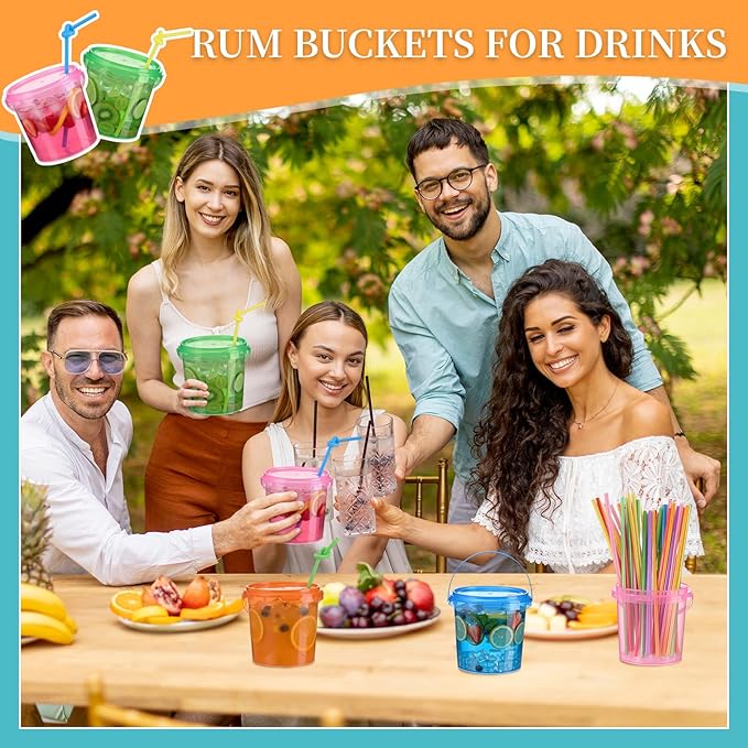 Funnymoom 48 Pack 32 oz Plastic Rum Buckets for Drinks with Straws Ice Cream Cocktail Bucket with Lids and Handles Reusable Food Containers Cup for Parties Summer Beach Bar Beer (Muticolor)