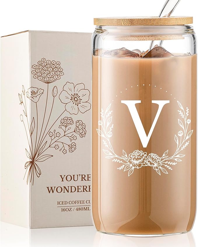 Personalized Gifts for Women, Monogrammed 16oz Glass Cups with Bamboo Lids and Straws, Customized Glass Tumbler, Cute Custom Mug, Customizable Initial Iced Coffee Glasses, Birthday Bridesmaid Mom, V