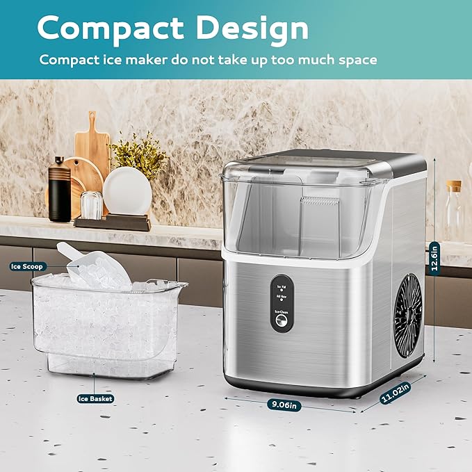 EUHOMY Nugget Ice Makers for Countertop with Ice Scoop & Basket, Self-Cleaning Sonic Pebble/Pellet Ice Maker Machine with 35lbs/24H Soft Ice for Home/Kitchen/Office, Stainless Steel, Silver