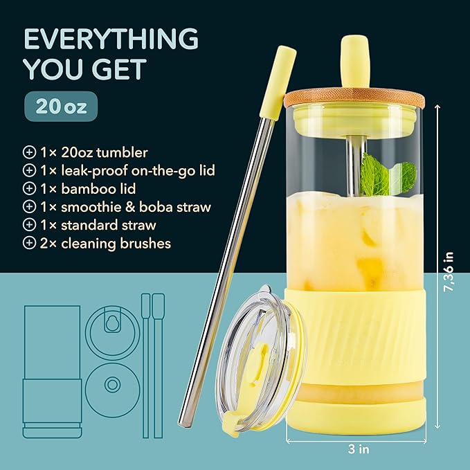 Pandaloo® Glass Cups With Lids and Straws -20 Fl Oz- Perfect Size Iced Coffee Cup - Smoothie Cup With Bamboo Lid and On the go Lid (Sunny Lime, 1 Count (Pack of 1)