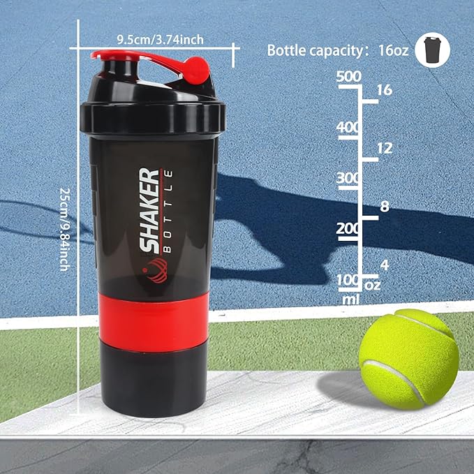 Shaker Bottle,16oz Protein Shaker Bottles with Mixing Ball, 3 in 1 Leak-proof GYM Shake Cup with Powder Storage & Pill Tray, Ideal for Workout,BPA Free（Red）