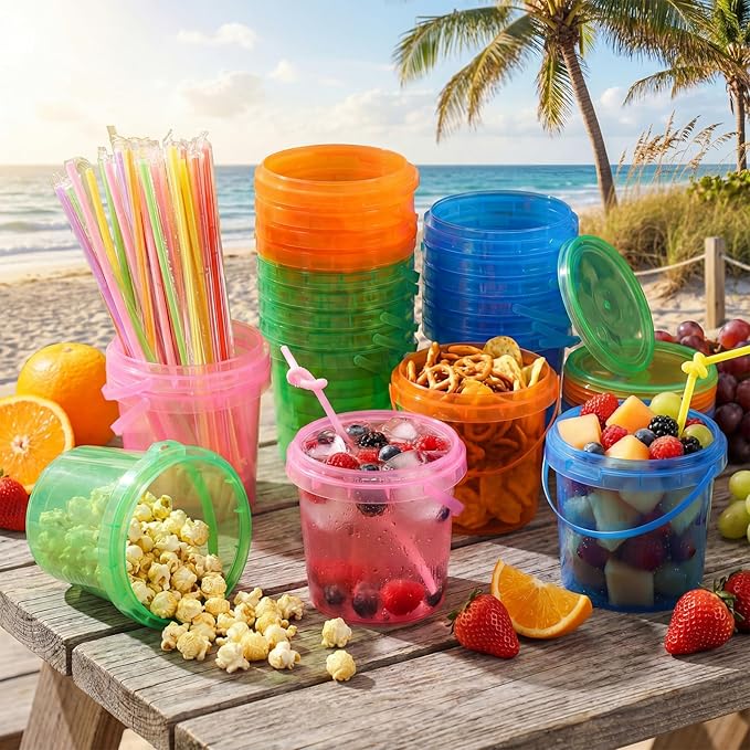 Funnymoom 48 Pack 32 oz Plastic Rum Buckets for Drinks with Straws Ice Cream Cocktail Bucket with Lids and Handles Reusable Food Containers Cup for Parties Summer Beach Bar Beer (Muticolor)