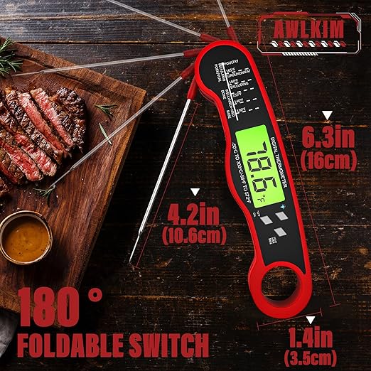 AWLKIM Meat Thermometer Digital - Instant Read Waterproof Food Thermometer with Backlight for Cooking, Grill, Candy, Kitchen & Stocking Stuffers for Men - Red