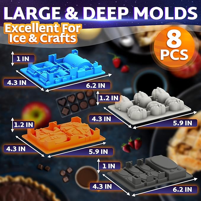 8-Piece Sci-Fi Silicone Molds Set - Flexible Space Ice Cube Trays for Easter Brunch and Patio Drinks, Candy, Chocolate, Gelatin | Nonstick Reusable, Dishwasher Safe, Hot & Cold Temperatures Resistant