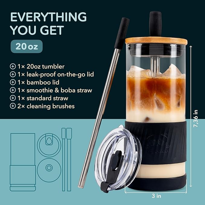 Pandaloo® Glass Cups With Lids and Straws -20 Fl Oz- Perfect Size Iced Coffee Cup - Smoothie Cup With Bamboo Lid and On the go Lid - Glass Tumbler With Straw (1 Count (Pack of 1), Black Saphir)