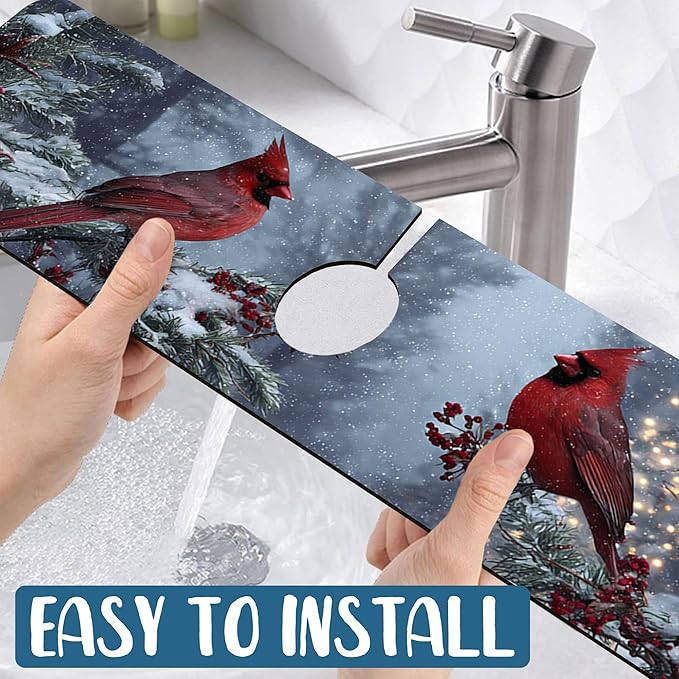 Christmas Winter Kitchen Sink Splash Guard Faucet Mat Cardinal Super Absorbent Fast Drying Mat Sink Splash Guard Behind Faucet for Kitchen Bathroom, 23.5"x5.5"
