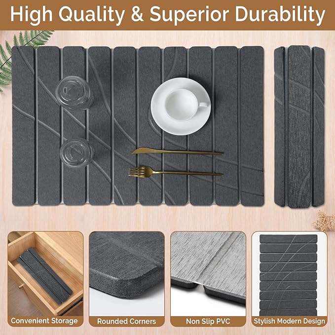Large Stone Dish Drying Mat for Kitchen Counter,2 PCS Quick Dry Stone Mats,Foldable Water Absorbing Diatomaceous Drying Pad for Countertop Bottles Utensils Cups (Flow Line Dark Gray 24"x16" & 8"x4")